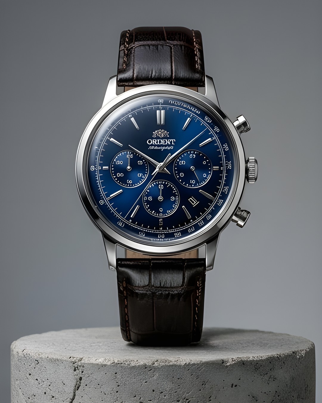 Orient Chronograph — mostrador azul e pulseira de couro